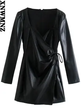 XNWMNZ Nové faux kožené crossover mini šaty žien Black milú, krku, dlhými rukávmi balón ramená krátke dámske šaty