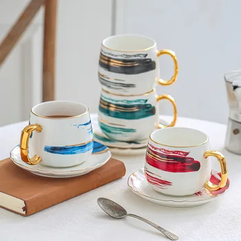 Atrament maľovanie série matné zlato šálku kávy tvorivé akvarel atrament keramické teacup hrnček s keramickou doskou hrnček kávy