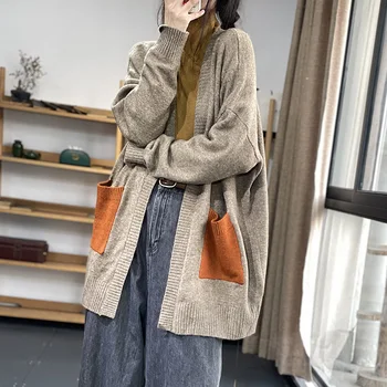 Farebný Kontrast Sveter V krku Top Jeseň A v Zime kórejská Verzia Vintage Stredne Dlhý Pletenie Cardigan Kabát Ženy