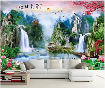 Vlastné nástenné 3d foto tapety Čínsky štýl horský vodopád scenérie obývacia izba domova tapety na stenu 3 d