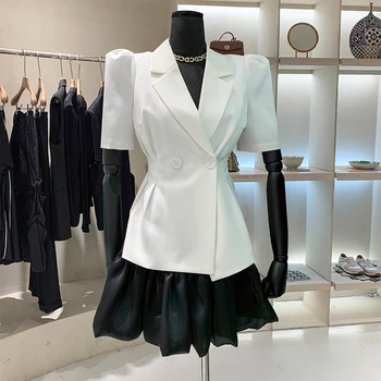 Ženy Šaty Sady Letných Nový Dizajn 2022 Lístkového Rukáv Bielych Plášťov A-Line Mini Sukne 2 Kusy Oblečenia Sady