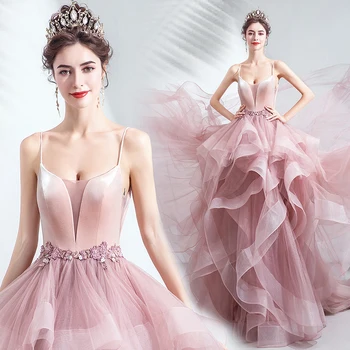 SSYFashion Nové Sladké Ružové Večerné Šaty Sexy tvaru bez Rukávov Sweep Vlak Lístkového Dlhé Šaty Prom Formálne Šaty Vestido De Noche