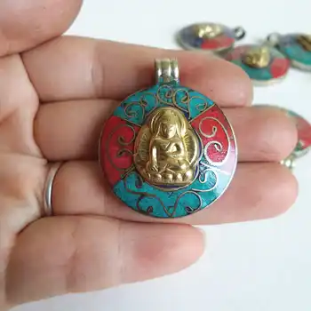 TBP392 Tibetskej Budha Zlatá Amulety, Nepál vintage šperky z Medi Mozaikové farebné Kamenné Prívesky