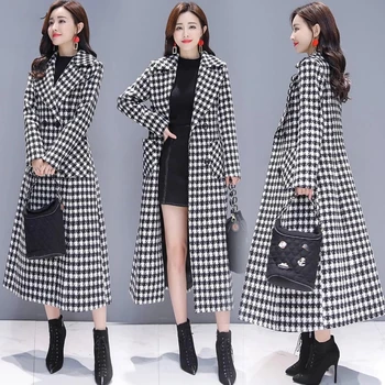 Vlnené Kabát Žena Houndstooth Plus Veľkosť Pekné Jesenné Zimné Kórejský Pop Móde Thicke Pod Kolená Mreže Ženy Vrchné Oblečenie