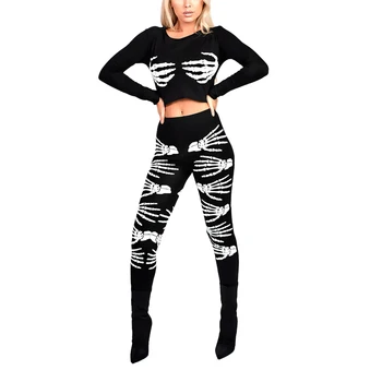 Najpredávanejší Žien Halloween Kostým Dve Kus Čierna Kostra Tlač Pulóver A Nohavice, Sexy Slim Fit