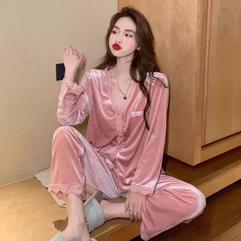Kórejský Jeseň Čipky Elegantné Velvet Pyžamo Nastaviť Ženy Sladké Palác Štýl Pyžamo Set Home Oblečenie
