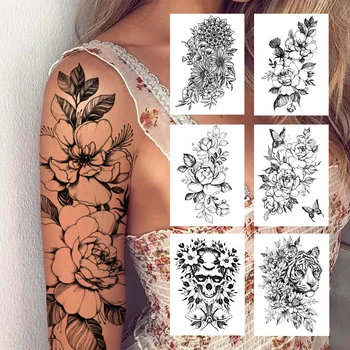 Sexy Pivónia Dočasné Tetovanie Pre Ženy, Dievča, Čierny Lebkový Leopard Kvet Tetovanie Nálepky Falošné Motýľ Body Art Tatoos Polovičný Rukáv