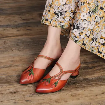Sandále ženy 2022 módne Klasiky Etnických retro kórejský Štýl pravej Kože Kolo Podpätky 5.8 CM poukázal Bežné dámske topánky