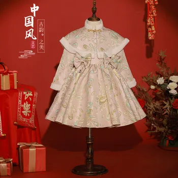 Čínsky Štýl Holka Hrubé Hanfu Nový Rok Teplé Oblečenie Cheongsam Tang Vyhovovali Dieťa Zimné Velvet Party Šaty