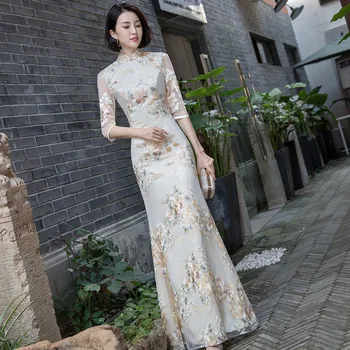 Moderné Zlepšiť Qipao Eleganti Elegantné Štíhle Dlhé Čínskej Tradičnej Retro Ženy Gázy Patchwork Cheongsam Šampanské Rybí Chvost Šaty