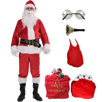 Dospelých Santa Claus Cosplay Kostým Červená Vianočné Oblečenie, Obleky 7 Kusov Celý Set Luxusný Tehlový Velvet Oblečenie Úlohu Hrať Vianočné Brucho