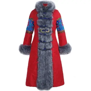 zimné národnej štýl vyšívané bavlna-čalúnená bunda ženy dlho kožušiny golier zahusťovanie teplý kabát 4Xl