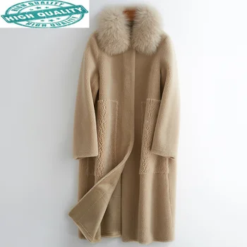 Bunda Zimná Ženy, Skutočné Kabát Fox Golier kórejský Dlhé Vlny Kožušinové Kabáty a Bundy Abrigos Mujer Invierno