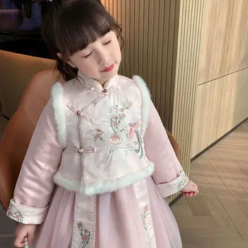 Dievčenské Hanfu 2023 Čínsky Nový Rok Oblečenie Detí Teplé Čínskom Tang Vyhovovali Dieťa Zimné Plus Velvet Roztomilý Výšivky Party Šaty
