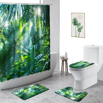 Tropický Les Prírodné Scenérie Nepremokavé Sprchový Záves Zelené Rastliny Pozadí Kúpeľňa Decor Non-Slip Koberec Vaňa Záclony