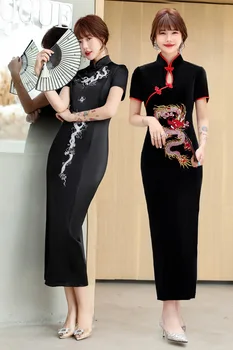 Nové jarné a letné Čínsky vyšívané drak vzor výkon žien hostiny, narodeninové vysokej štrbinou cheongsam šaty dlhé