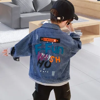 Deti Oblečenie Baby Chlapci Denim Jacket kórejský Teenage List Tlač Coats Bavlna Zase dole Golier Oblečenie pre Batoľa Detská Coats