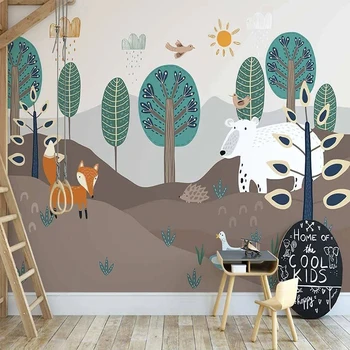 Vlastné 3D Tapeta Nordic Ručne maľované Lesné Zvieratá Cartoon detskej Izby Pozadí Steny Dekor nástenná maľba Abstraktných De Parede 3D