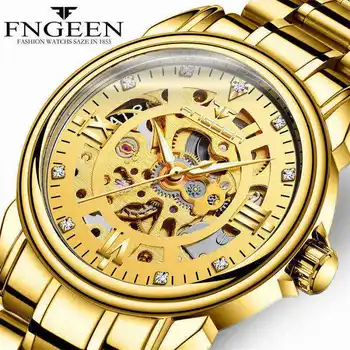 FNGEEN Značky Zlatý Mechanické Hodinky Muži Móda Rytie Dial Oceľová Kostra Hodiny Automatické Hodinky Muž Diamond Náramkové hodinky