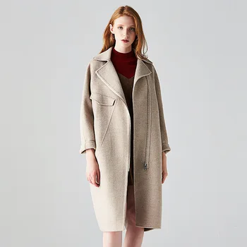dlho vlnené zmesi cashmere coats pre ženy 2019 jeseň zima bežné dámy bundy plus veľkosť vysokej kvality béžová obojstranná tlač