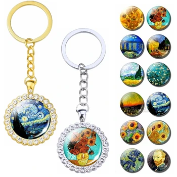 Van Gogh Art Drahokamu Keychain, Hviezdna Noc Slnečnice Nádherné Krištáľové Prívesok Keyring Šperky Art Auto Keychain Držiteľ Darček