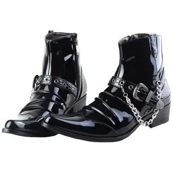 Nové Módne Ukázal Prst Mužov Black Členok Boot Trendov Pracky lakovanej Kože Reťaze Kúzlo Strana Zobraziť Zapatos pánske Mokasíny Bežné