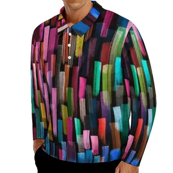Multi Geo Tlač Polo Shirts Jeseň Akvarel Pruhy Bežné Tričko Dlhý Rukáv Zase Dole Golier Vtipné Grafiky, Nadrozmerné T-Shirts