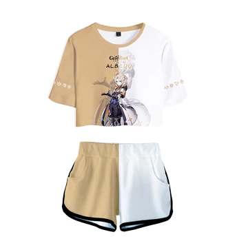 Nové 3D Tlač Genshin Vplyv Ženy Kus Dvoch Sád Módne Šortky+Plodín Topy T-shirt Lete Hip Hop Dievčatá Cartoon Obleky, Oblečenie