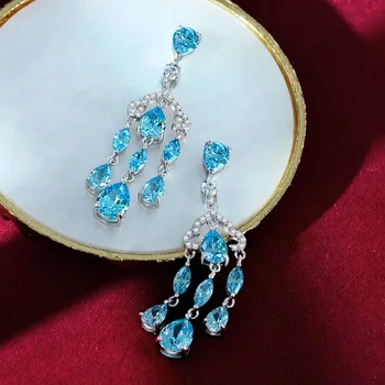 Luxusné 925 Sterling Silver Drop Náušnice Pre Ženy Šumivé Blue Diamond Dámske Náušnice Jemné Šperky Žena Náušnice Strany Darček
