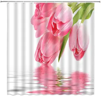 Kvetina Tulipán Sprchový Záves Elektrárne Vodné Plochy Scenérie Kúpeľňa Decor Ružová Kvetinový Vzor Polyesterové Tkaniny, Závesné Opony Nastaviť