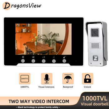 DragonsView 7 Palcový Intercom Video Dvere Telefónne 1000TVL Deň Nočné Videnie Outdoor IP65 Zvonček Kamera pre domáci Bezpečnostný Systém