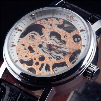 2016 VÍŤAZ Hodinky Ženy Lady Luxusné Značky Kostra Automatické Mechanické náramkové hodinky Umelej Kože Kapela Relogio Feminino
