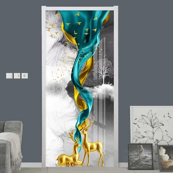 3D Tapety Moderné Abstraktné Atrament Landscape Golden Elk Dvere Nálepky, Obývacia Izba, Spálňa Domova Tvorivé Dvere Plagát PVC Odtlačkový