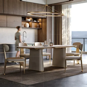 Moderný Minimalistický Luxusné Kožené Base Mramor Nerez Jedálenský Stôl