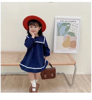 Kórejský 2021 jeseň nové dievčenské šaty dlhý rukáv college Navy detí 1-6-rok-starý Klope šaty