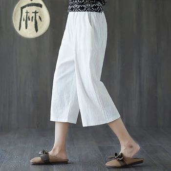 Letné Ženy 100% Ľanové Nohavice Veľkosť Vintage Mäkké Vysoký Pás Tenké Bežné Teľa Dĺžka Bavlnená Posteľná Bielizeň Nohavice Thajsko Bali