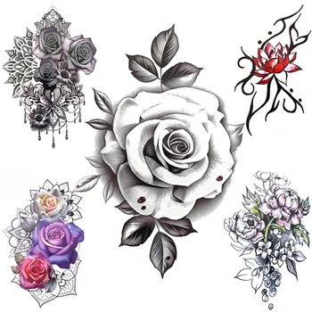 Čierne Ruže Kvet Dočasné Tetovanie Pre Ženy 3D Sexy Minimalistický Lotus Tetovanie Čerešňové Kvety Prívesky Nepremokavé Falošné Tetovanie Rameno