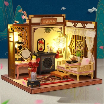 DIY Drevená Bábika Dom Auta Zmontované Miniatúrne Nábytok s Príslušenstvom Čínsky Casa Svetlo domček pre bábiky Hračky pre Dospelých Vianočné Darčeky