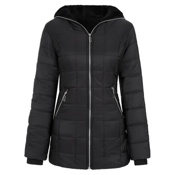 2021 zimné bavlna-čalúnená bunda dámske kapucňou teple a velvet bavlna-čalúnená bunda polovici dĺžky srsti čierna čalúnená bunda