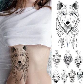 Nepremokavé Dočasné Tetovanie Nálepky Line Geometrie Fox Panda Vlk Tetovanie Jeleň Kvety Body Art Rameno Falošné Rukáv Tetovanie Ženy Muži