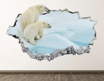 Polar Bear Family Stenu Odtlačkový - Arktických Zvierat 3D Rozbili Stenu Umenie Nálepky Deti Izba Dekor Vinyl Domov Plagát Vlastný Darček KD700