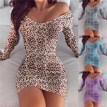 2023 Nové Jeseň Sexy Štíhla Šaty Žien Leopard Tlač Dlhý Rukáv Sexy Tvaru Bodycon Šaty Mini Party Plus Veľkosť Šaty Vestidos