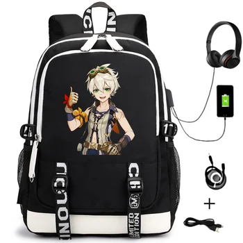 Anime Genshin Vplyv USB Nabíjanie Batoh Notebook Študent Bežné Cartoon Cestovné Aktovka Teenger Zips Ramená Tašky Bookbag