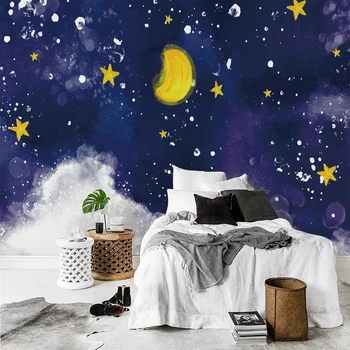 Vlastné 3D Fotografie Ručne Maľované Noc Blue Sky Kreslené Hviezdy, Mesiac nástennú maľbu, Tapety Deti, Spálne, Obývacia Izba Gauč Pozadie Stenu Papier