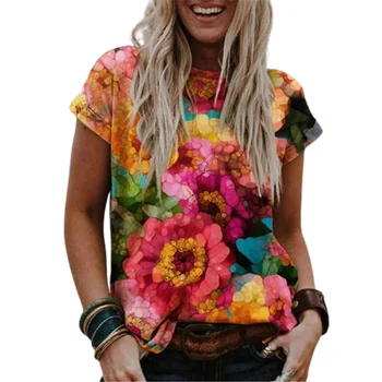 Vintage Kvetinový Tlač O-neck T-shirt Vrchole Letné Ženy, Nové Príležitostné Voľné Krátke Sleeve Tee Pulóver Nadrozmerná kórejský 5XL Plus Veľkosť