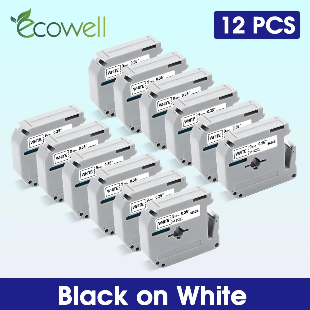 Ecowell Označenie páskou MK-221 Kompatibilný pre Brat MK221 MK 221 M-K221 9 mm Čierna na Bielej pásky pre Brother P-touch PT-PT 70-80