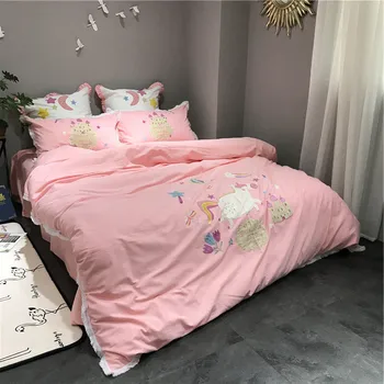 4pcs Luxusné bavlnená posteľná bielizeň nastaviť ružové obliečky kryt nastaví Kresleného štýlu, Výšivky Jednorožec posteľná bielizeň obliečky