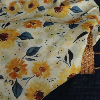 Kvalita ramie textílie Akvarel slnečnice tlač šitie Sukne obrus opony DIY taška tissu