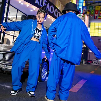 Deti Sála Hip Hop Tanečné predstavenie Kostýmy Modrá Voľné Kpop Oblečenie Pre Dievčatá Chlapci Jazz Festival Stage Oblečenie DN13297