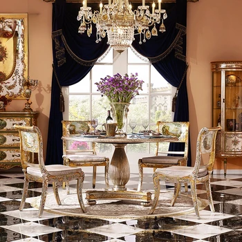 Francúzsky palác masívneho dreva jedálenský stôl vyvážané do Paríža starožitné zlata fólie ťažké ručne maľované okrúhly jedálenský stôl, stoličky.